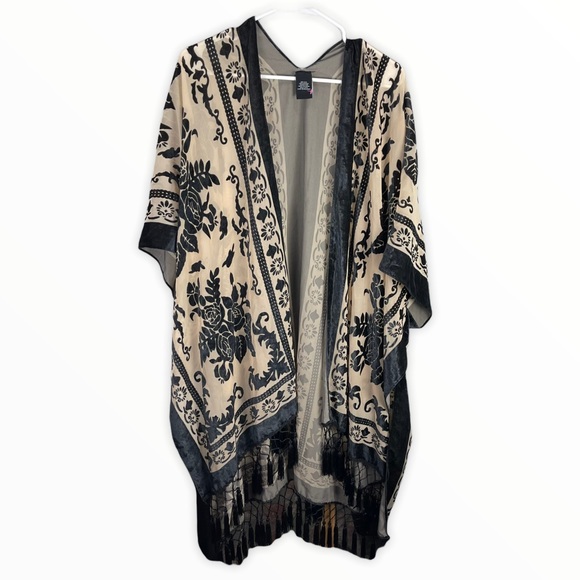 Sweaters - Velvet embroidered tassel poncho shawl cream black